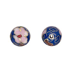 Bead 1pkg10 gold-finished, 12mm cloisonn&eacute; round / flower, copper / enamel