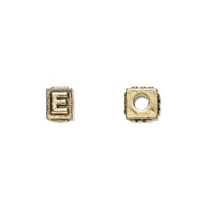 Bead 1pkg4 gold-plated pewter, 8x6mm rectangle / letter E, antique Dione&reg;