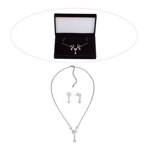 Necklace and earring set, cubic zirconia / stainless steel / rhodium-finished brass, clear, 33mm dangle, 15" to 16" necklace with 2-inch extender chain and lobster claw clasp, 25mm earrings with post. Sold per set.