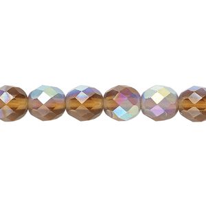 Bead, Czech fire-polished glass, matte light brown AB, 8mm faceted round. Sold per 15-1/2" to 16" strand.
