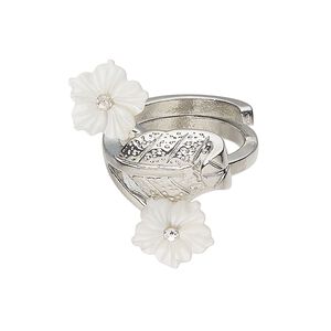 Ring brass / mother-of-pearl shell / glass rhinestone 1pkg1, 20mm leaf / flower, bleached silver finish / white / clear