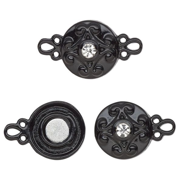Clasp magnetic 1pkg2 "pewter" (zinc alloy), 12mm double-sided round, black-finished / clear rhinestone 1-strand image number 0