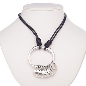Necklace, 2-strand, leather (dyed) / antique silver-coated plastic / antique silver-plated brass / steel / "pewter" (zinc-based alloy), black, 2-3/4 inch hammered oval donut, 30 inches with 2-inch extender chain and lobster claw clasp. Sold individually.
