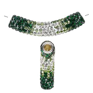 Bead 1pkg1 silver-plated, 47x9mm curved tube, brass / resin / glass rhinestone / multicolored Dione&reg;