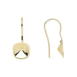 Ear wire fishhook 1pkg4 Almost Instant Jewelry&reg; gold-plated, 23mm / 8mm cushion glue-in setting, 20 gauge brass 2 pair