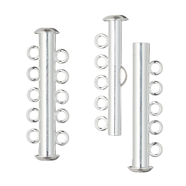 Clasp slide lock 1pkg100 silver-plated, 31x6mm tube, brass 5-strand image number 0