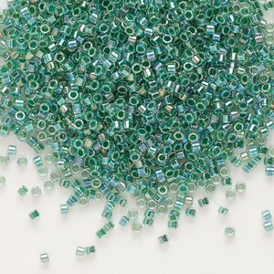 Seed bead, Delica&reg;, glass, pkg/7.5g, #11 round, translucent lime-lined rainbow crystal clear (DB-0060).