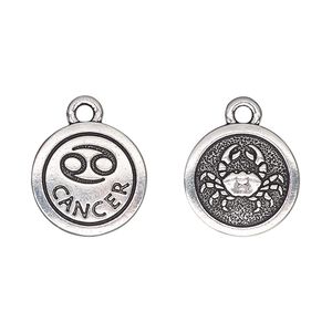 Charm, TierraCast&reg;, antique silver-plated pewter (tin-based alloy), 15mm two-sided flat round with Cancer zodiac sign and symbol. Sold per pkg of 20.