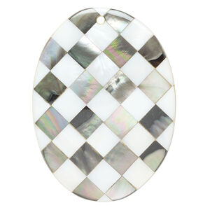 Focal, black lip shell / mother-of-pearl shell / resin (assembled) 1pkg1, 63x48mm-65x50mm top-drilled 1sided curved oval with checkerboard pattern.