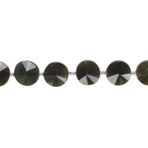 Green tourmaline 1pkg12, hand-cut faceted flat round bead natural 6-8mm