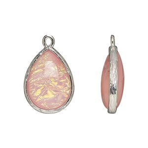 Drop, Opalized Ice&trade;, "opal" (resin) and imitation rhodium-finished brass, opaque light pink, 19.5x15mm double-sided teardrop. Sold per pkg of 4.
