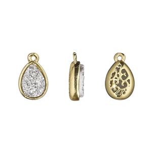 Drop, Druzylite&trade;, "druzy" (resin) and gold-finished brass, silver, 11.5x8.5mm two-sided teardrop with open filigree back. Sold per pkg of 4.