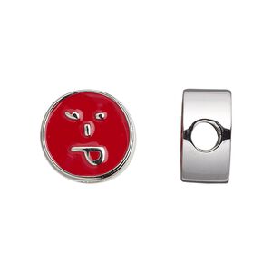 Bead 1pkg1 silver-finished "pewter", 16mm flat round / playful face / 2sided, enamel red Dione&reg;