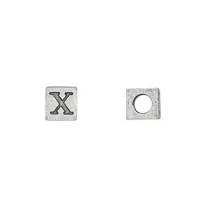 Bead 1pkg4 pewter, 7mm cube / Greek letter Chi, antiqued