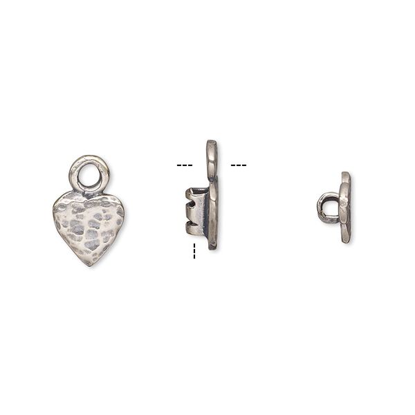 Crimp end 1pkg2 silver-plated, 8x7.5mm textured heart / loop / 2mm inside diameter, brass / antiqued image number 0