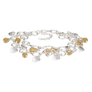 Bracelet, 2-strand, glass and silver-plated steel, topaz yellow AB, 25mm wide, 7-1/2 inches with 2-inch extender chain and lobster claw clasp. Sold individually.