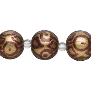Bead, glass 1pkg8, gold and brown, 14mm hand-painted round.