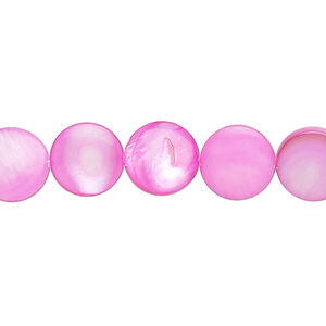 Mother-of-pearl shell 1pkg1, puffed flat round bead 15 inch hot pink 9-11mm