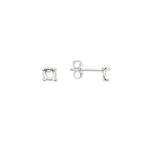 Earstud 1pkg4 Cab-Tite&trade; sterling silver, 4mm round 4-prong setting / earnuts, 2 pair