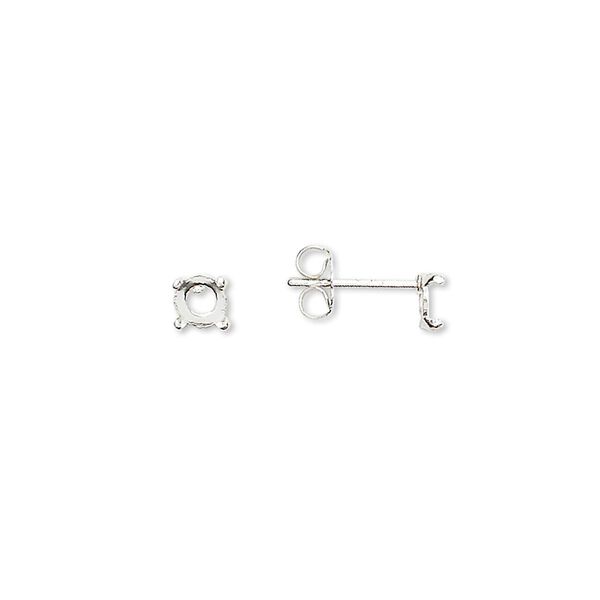 Earstud 1pkg4 Cab-Tite&trade; sterling silver, 4mm round 4-prong setting / earnuts, 2 pair image number 0