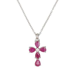 Necklace, Create Compliments&reg;, ruby (natural) / cubic zirconia / sterling silver, clear, 15x10mm cross, 18 inches with springring clasp. Sold individually.