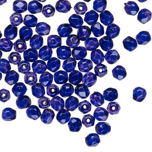 Bead, Czech fire-polished dipped d&eacute;cor glass, translucent cobalt, 4mm faceted round. Sold per pkg of 1,200 (1 mass).