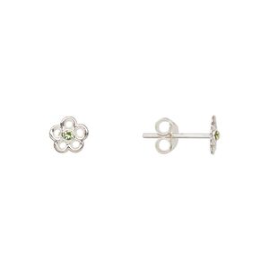 Earstud, Create Compliments&reg;, sterling silver and crystal, peridot green, 6mm flower. Sold per pair.