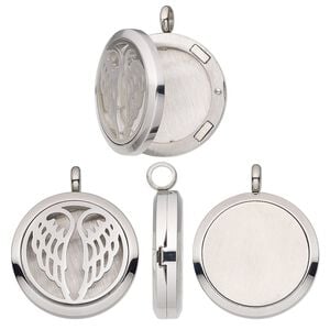 Pendant, stainless steel, 37x30mm single-sided hinged round locket with cutout angel wings and magnetic closure. Sold individually.
