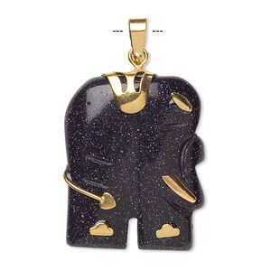 Pendant, blue goldstone (glass) (man-made) and gold-finished "pewter" (zinc-based alloy), 28x23mm-30x25mm single-sided elephant. Sold individually.