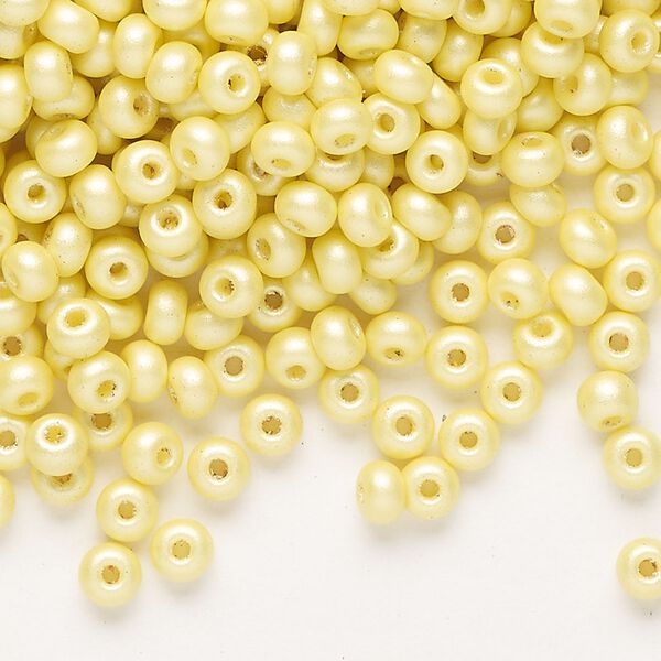 Seed bead, Preciosa Ornela Czech glass, pkg/50g, #6 rocaille, opaque PermaLux dyed yellow chalkwhite, (22001). image number 0