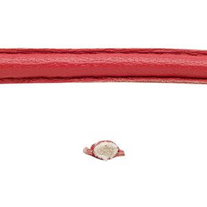 Cord, leather and cotton (dyed), red, 7-8mm double-stitched flat. Sold per 5-yard section.