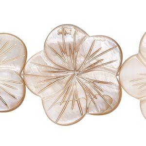 Mother-of-pearl shell 1pkg1, carved flat flower bead 15 inch tan, 30x29mm-31x30mm