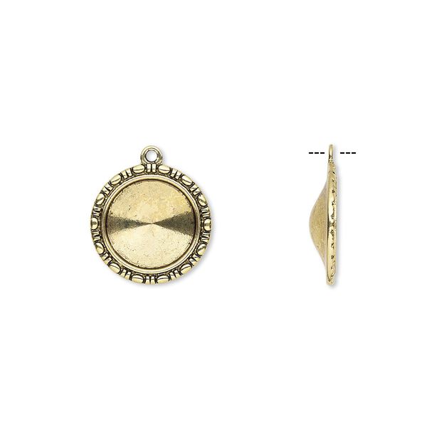 Drop, Almost Instant Jewelry&reg;, antique gold-finished "pewter" (zinc-based alloy), 24mm round with beaded design and 18mm rivoli setting. Sold per pkg of 6. image number 0