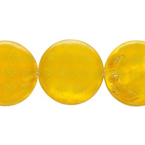 Mother-of-pearl shell 1pkg1, puffed flat round bead 15 inch dark yellow / gold 19-20mm