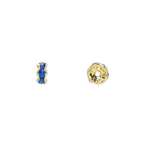 Bead 1pkg10 gold-finished, 5x2mm rondelle, brass / sapphire blue rhinestone