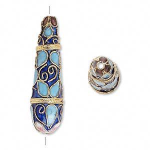 Bead 1pkg2 gold-finished, 42x12mm cloisonn&eacute; teardrop / teardrops / swirls, copper / enamel