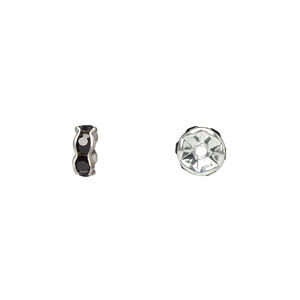 Bead 1pkg10 silver-plated, 7x3mm rondelle, brass / black rhinestone