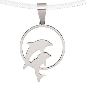 Pendant, stainless steel, 27x21mm matte and shiny double dolphin in circle. Sold individually.
