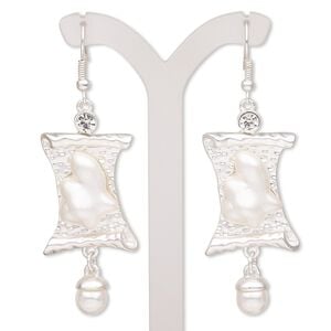 Earring, acrylic / glass rhinestone / silver-finished brass / "pewter" (zinc-based alloy), clear and white, 2-1/2 inches with scroll and fishhook ear wire. Sold per pair.