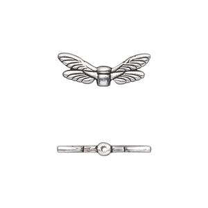 Bead 1pkg2 silver-plated pewter, 19.5x7mm dragonfly wing / 2sided, antique TierraCast&reg;