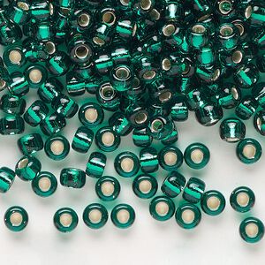Seed bead, Miyuki, glass, pkg/25g, #6 rocaille, transparent silver-lined emerald green (RR-17).