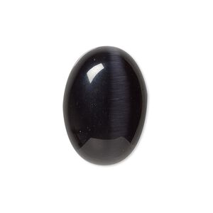 Cabochon, cat's eye glass (fiber optic glass), black, 25x18mm calibrated oval, quality grade. Sold per pkg of 4.