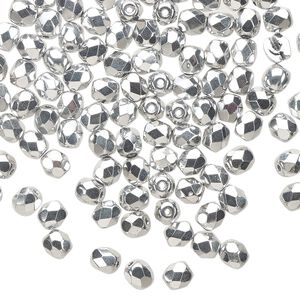 Bead 1pkg1 Czech fire-polished glass, 4mm faceted round, 1 mass opaque metallic silver