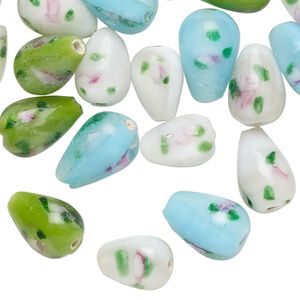 Bead mix, glass, translucent light blue, white and green, 11x8-14x9mm teardrop with flower design. Sold per 1-ounce pkg, approximately 30 beads.