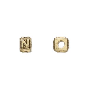 Bead 1pkg4 gold-plated pewter, 8x6mm rectangle / letter N, antique Dione&reg;
