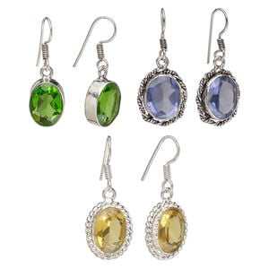 Earring mix 1pkg6, glass with silver- and antique silver-finished brass, mixed colors, 1-1/4 inch to 1-3/4 inch oval and teardrop with fishhook ear wire. 3 pairs.