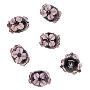 Bead, lampworked glass 1pkg6, opaque black / translucent white / purple, 18x13mm rondelle with flowers.