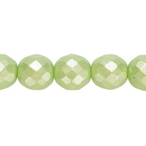 Bead, Czech fire-polished dipped d&eacute;cor glass, pkg/15-1/2 to 16 inches, 12mm faceted round, opaque pearlescent lime green, (00030-02354).