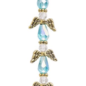 Bead mix 1pkg6 gold-finished "pewter", 17x14mm angel, medium blue AB & clear / antique