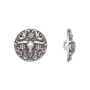Button, TierraCast&reg;, antique silver-plated pewter (tin-based alloy), 16mm round with longhorn design. Sold per pkg of 20.